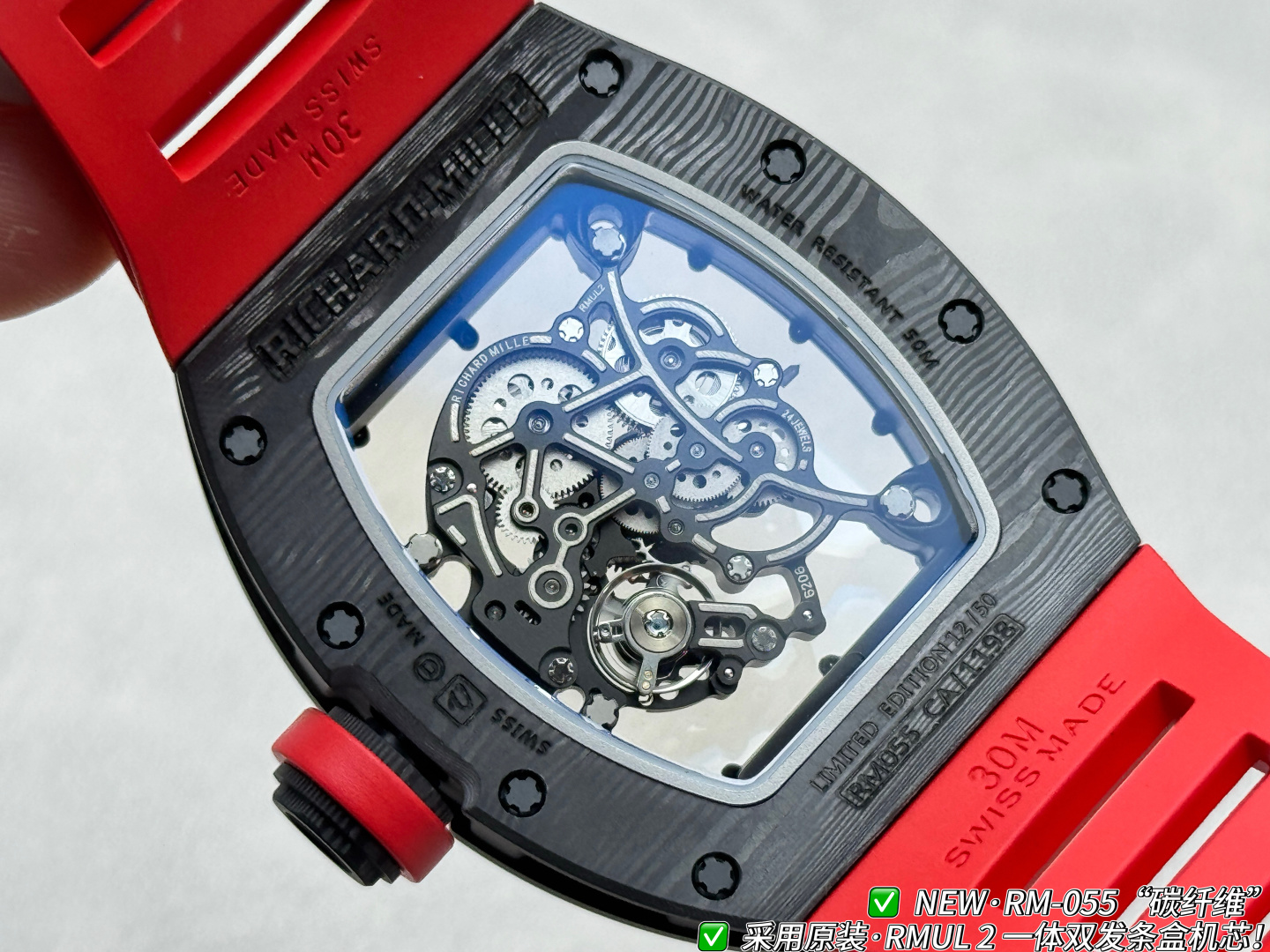 Richard Mille RM 055 RM055 Black Carbon composite Rubber strap 49.90 x 42.70 mm Configuration 3C463A 1:1 Superclone - Image 8